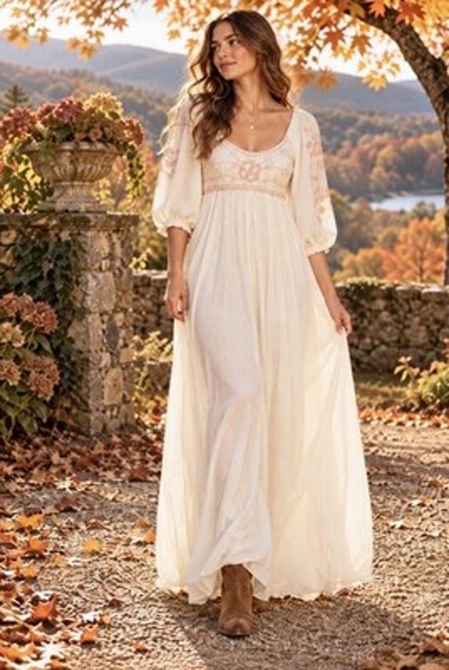 Free People Wedgewood Embroidered White Boho Dress Sz XS Puff Sleeves Empire